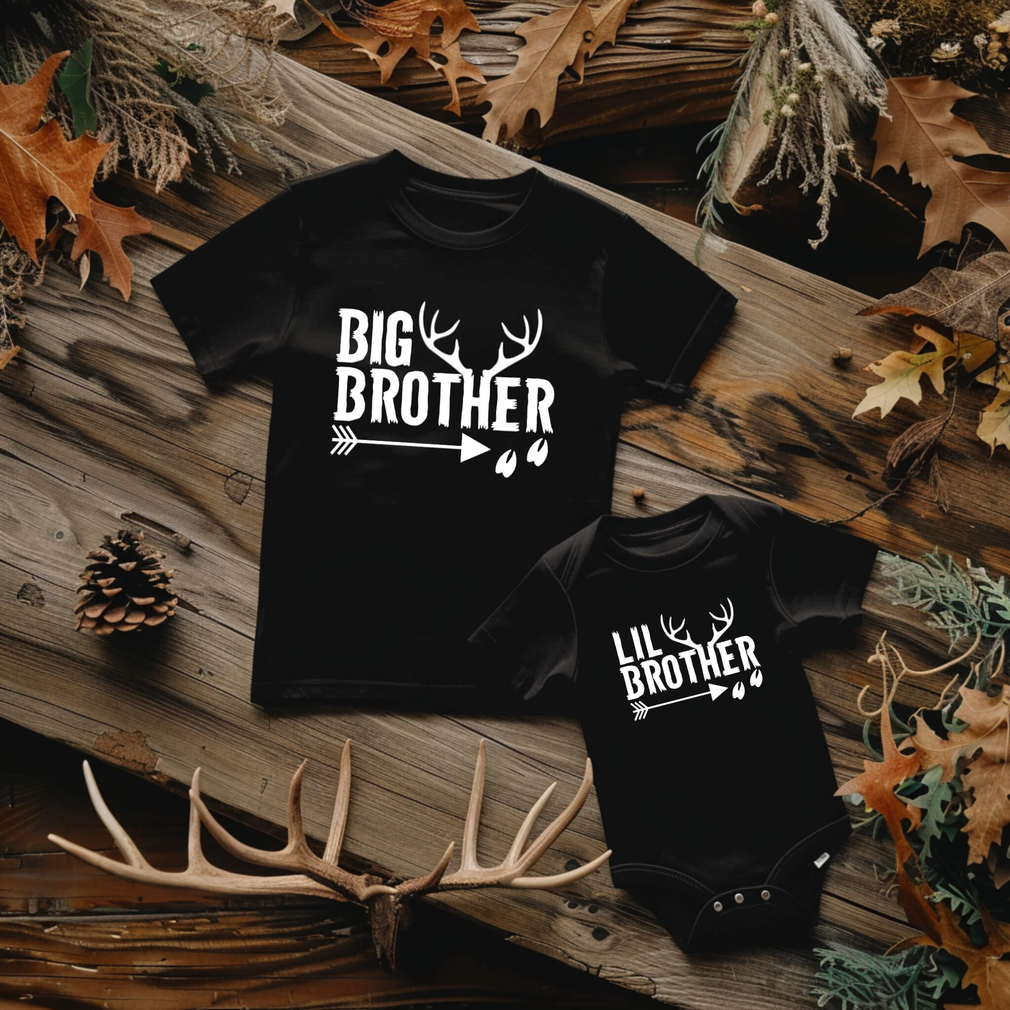 Matching Sibling Hunting Big Brother or Little Brother Baby Onesie, Boy’s Graphic Print T-Shirt