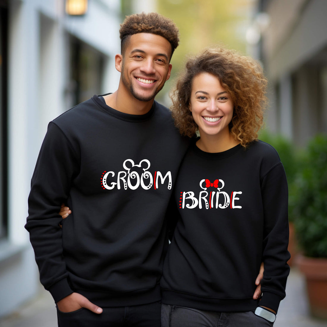 Wedding Engagement Honeymoon Mickey & Minnie Matching Bride & Groom Customizable Graphic Print Unisex Sweatshirts