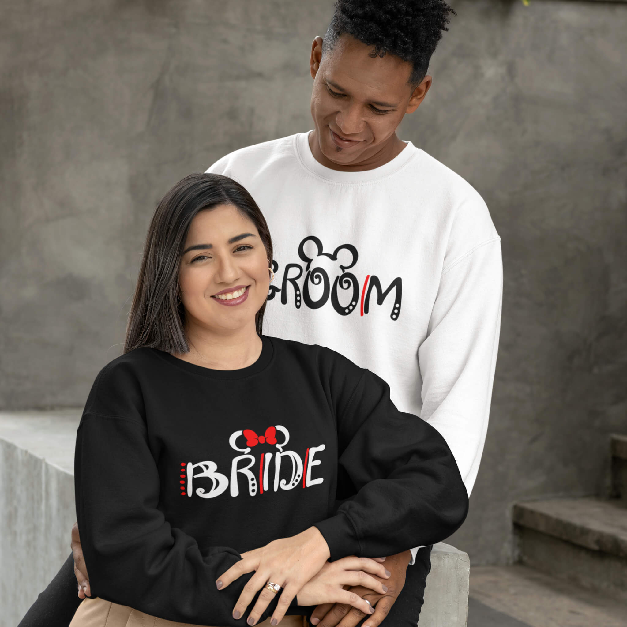 Wedding Engagement Honeymoon Mickey & Minnie Matching Bride & Groom Customizable Graphic Print Unisex Sweatshirts