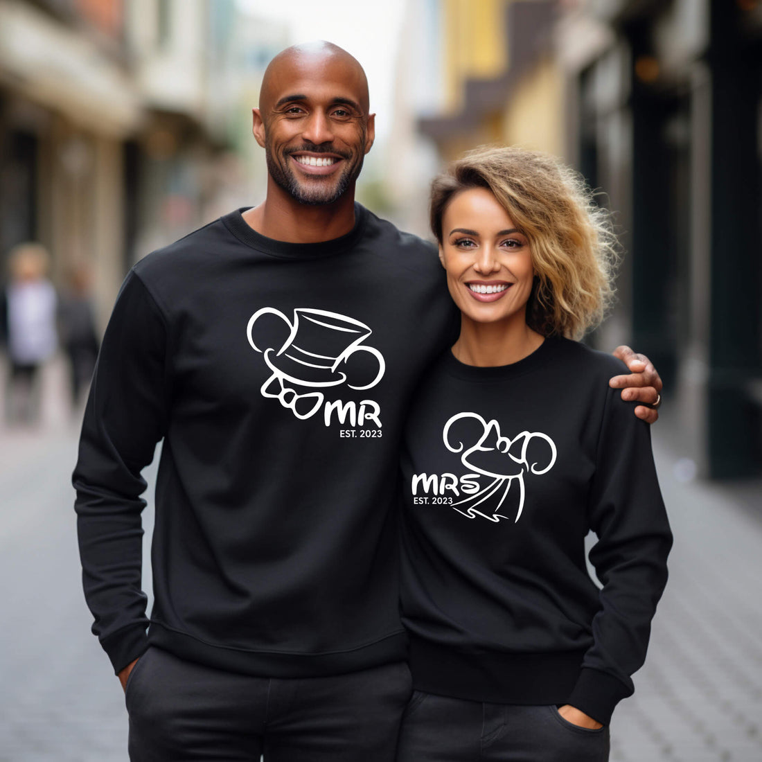 Wedding Engagement Honeymoon Mr. & Mrs. Personalized Date Mickey & Minnie Matching Bride & Groom Graphic Print Unisex Sweatshirts