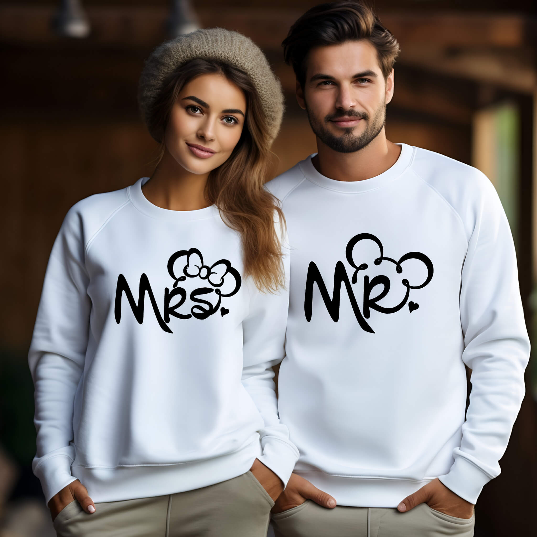 Wedding Engagement Honeymoon Mr. & Mrs. Mickey & Minnie Matching Bride & Groom Graphic Print Unisex Sweatshirts
