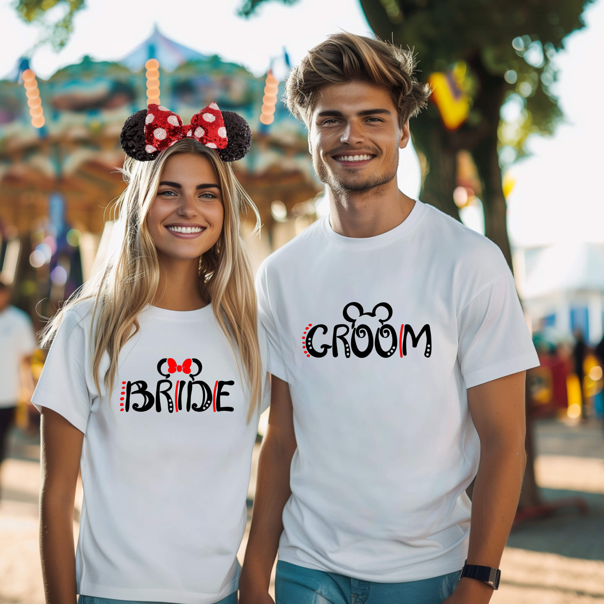 Wedding Engagement Honeymoon Mickey & Minnie Matching Bride & Groom Customizable Graphic Print Unisex T-Shirts