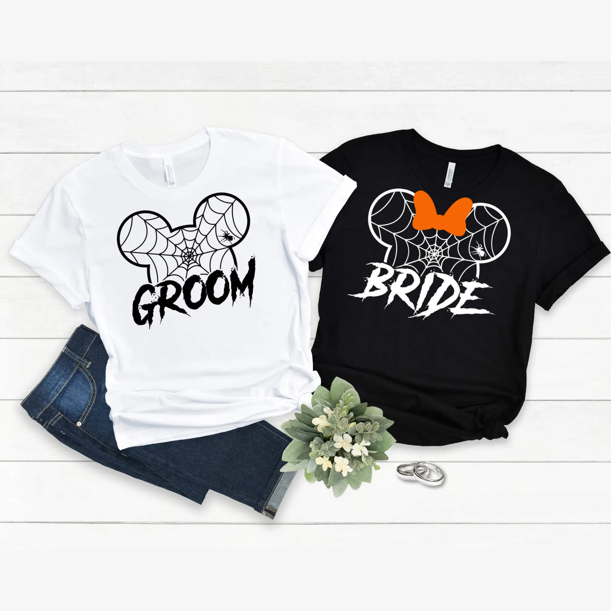 Camisetas unisex con estampado gráfico de ratón de Halloween para parejas de novia y novio a juego