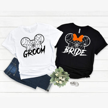 Wedding Honeymoon Matching Couples Bride & Groom Halloween Customizable Graphic Print Unisex T-Shirts