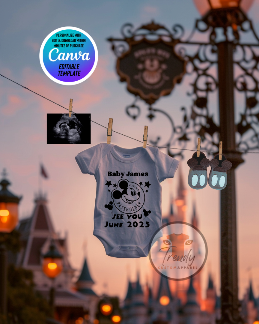 Digital Pregnancy Announcement, Future Passholder, Customizable Mickey Themed, Personalized Editable Template