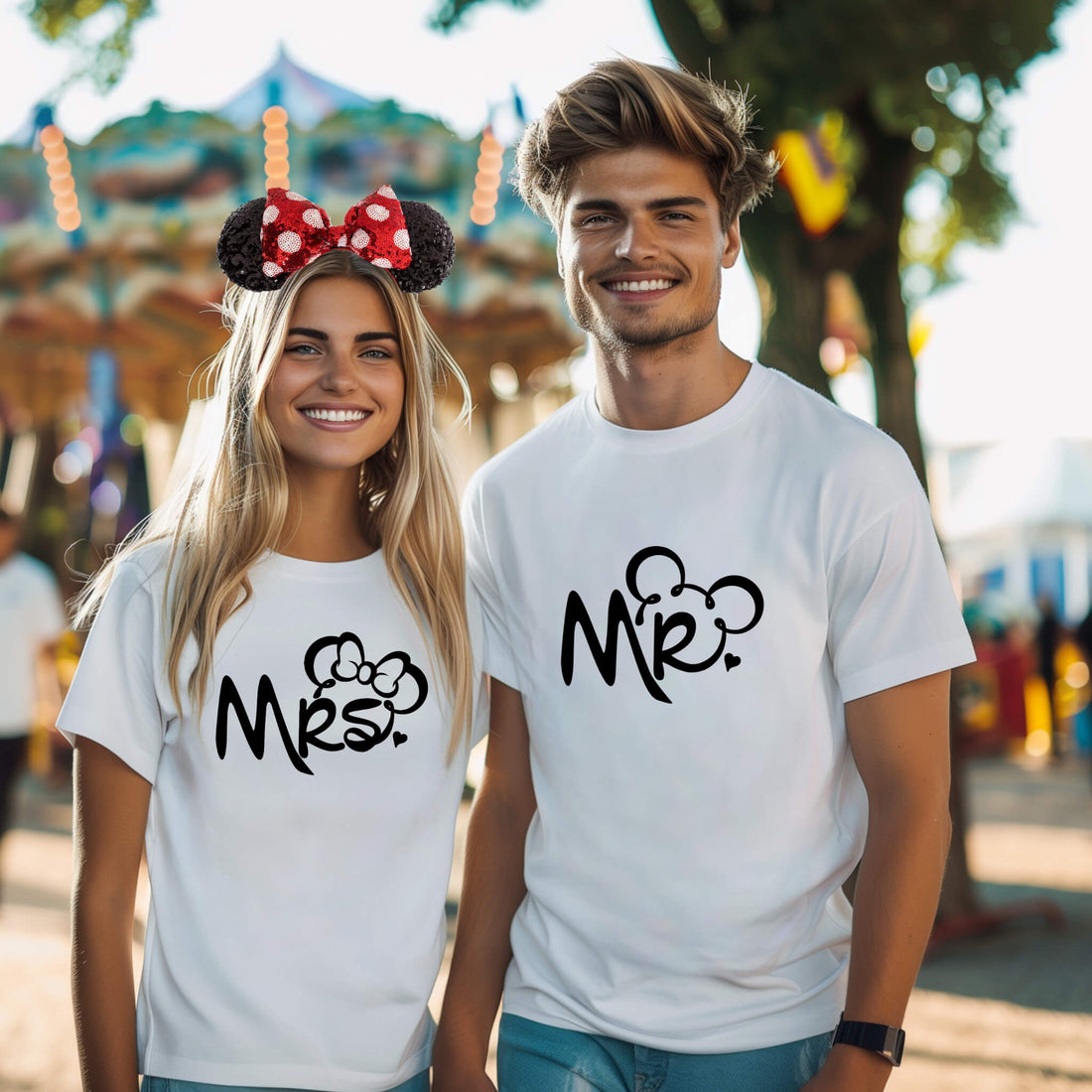 Wedding Engagement Honeymoon Mr. & Mrs. Mickey & Minnie Matching Bride & Groom Graphic Print Unisex T-Shirts