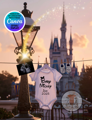 Digital Pregnancy Announcement, Baby Surname, Customizable Disney Park Themed, Personalized Editable Template