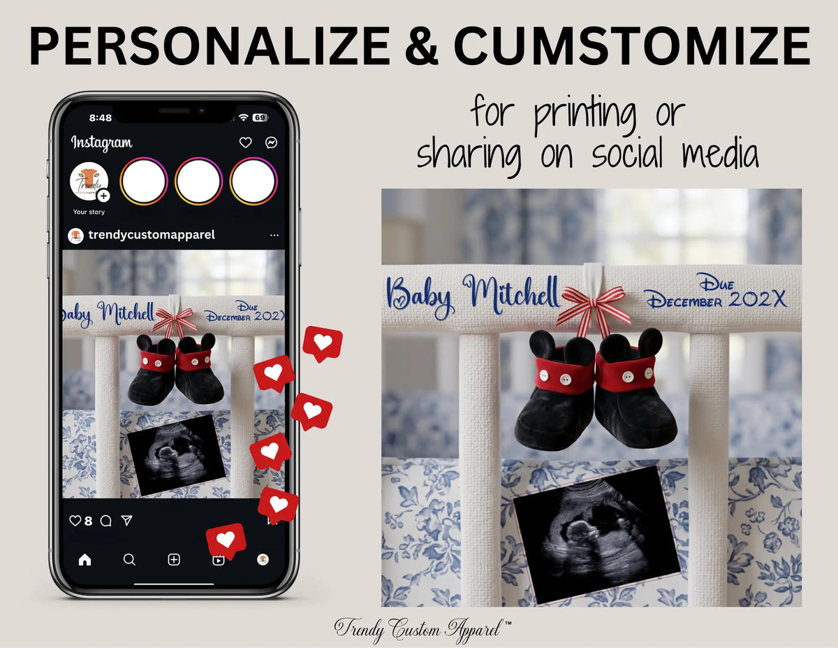 Disney Mickey Baby Boy Elegant Gender Reveal Announcement, Editable Instant Download Canva Template TrendyCustomApparel™