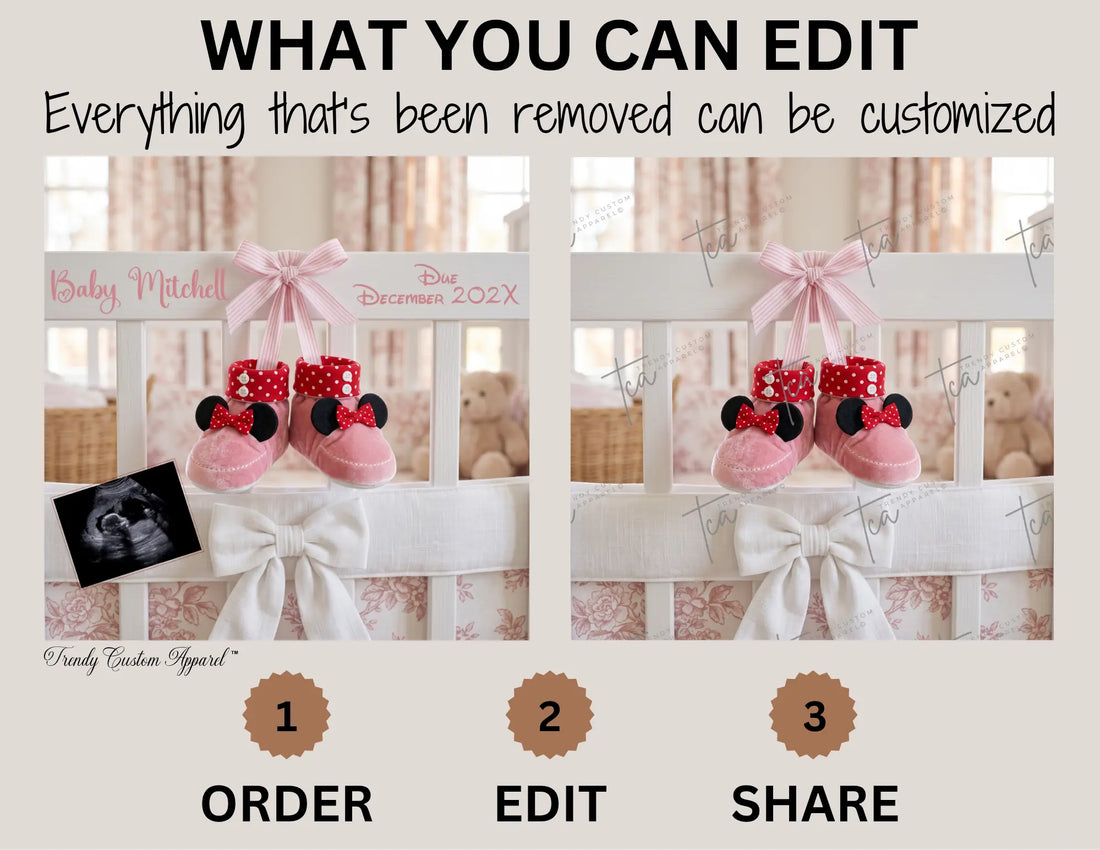 Disney Minnie Baby Girl Elegant Gender Reveal Announcement, Editable Instant Download Canva Template TrendyCustomApparel™