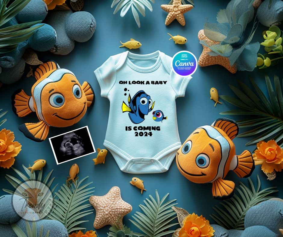 Digital Pregnancy Announcement, Oh Look A Baby, Customizable Finding Dory Themed, Personalized Editable Template