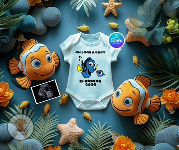 Digital Pregnancy Announcement, Oh Look A Baby, Customizable Finding Dory Themed, Personalized Editable Template