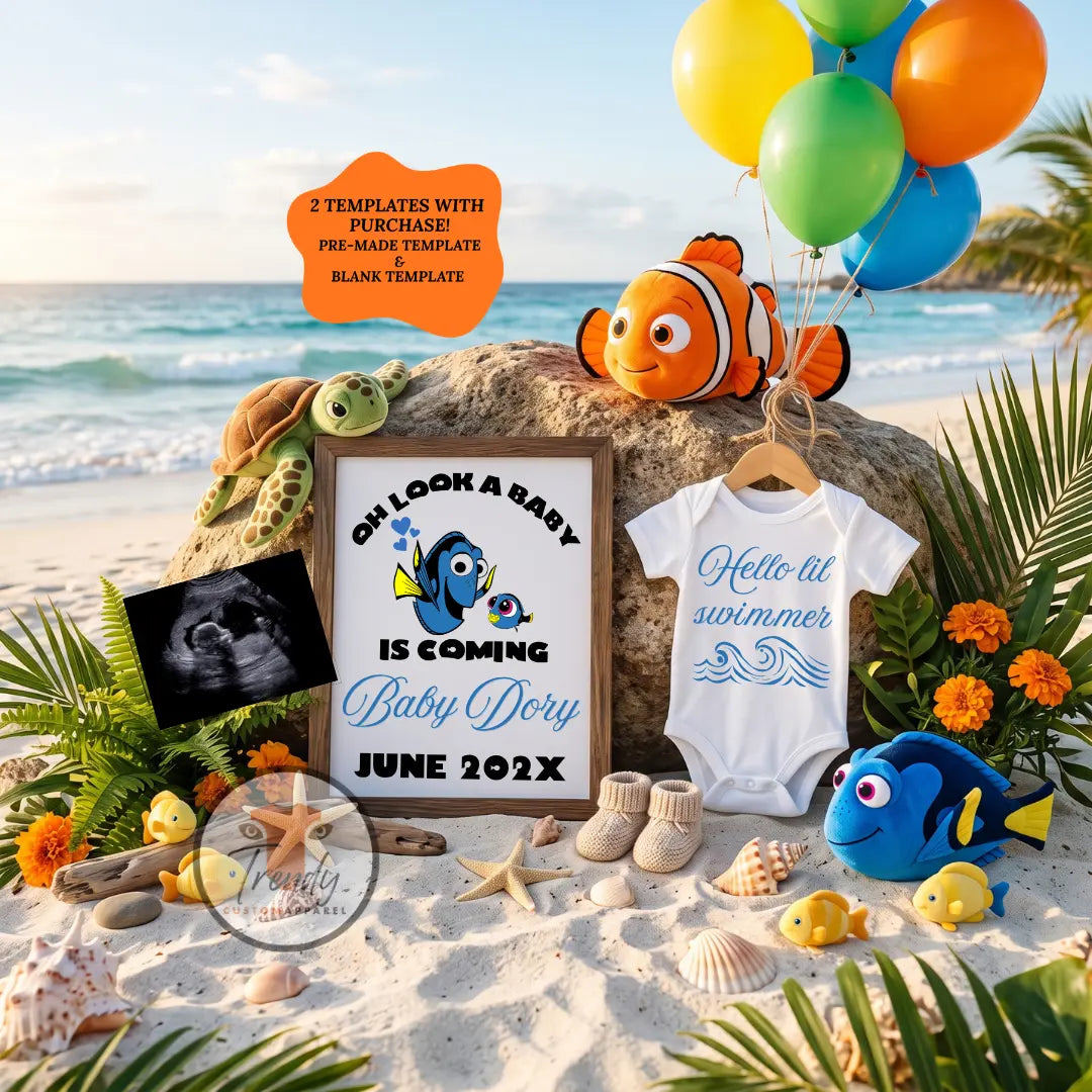 Beach Finding Dory Disney Pregnancy Announcement Template | Editable Canva | Instant Download TrendyCustomApparel™