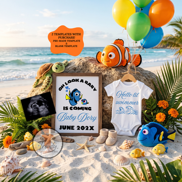 Beach Finding Dory Disney Pregnancy Announcement Template | Editable Canva | Instant Download