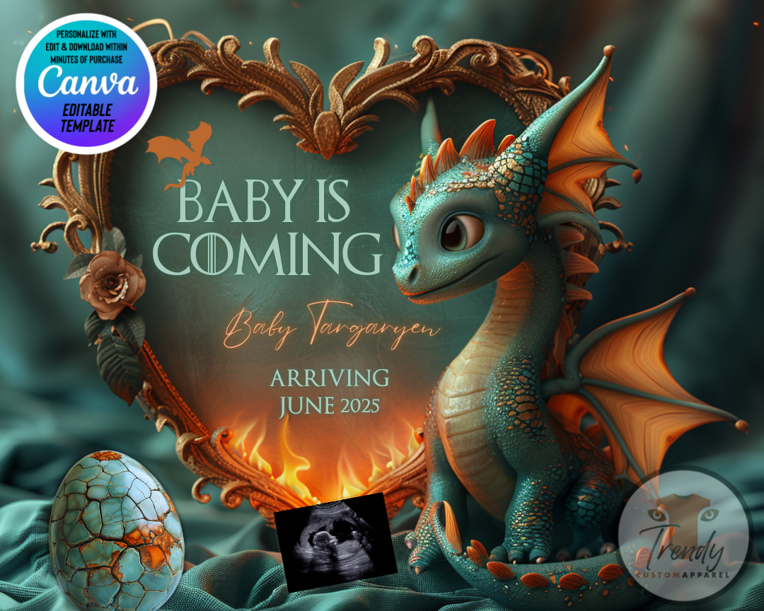 Digital Pregnancy Announcement, Mother of Dragon, Customizable Fantasy Magical Dragon Themed, Personalized Editable Template