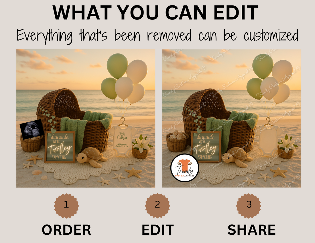Digital Turtle Pregnancy Announcement, Dude We’re Turtley Expecting, Customizable Beach Themed, Personalized Editable Template