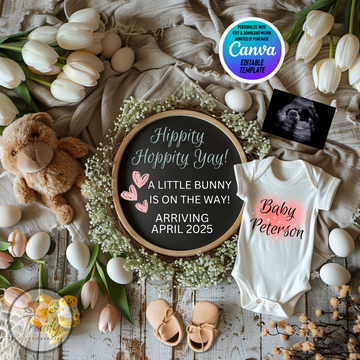 Digital Easter Pregnancy Announcement, A Little Bunny Is On The Way, Customizable Spring Themed, Personalized Editable Template