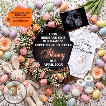 Easter Christian Pregnancy Announcement, He Is Risen And So Is Our Family, Spring Baby Reveal, Personalized Editable Canva Template