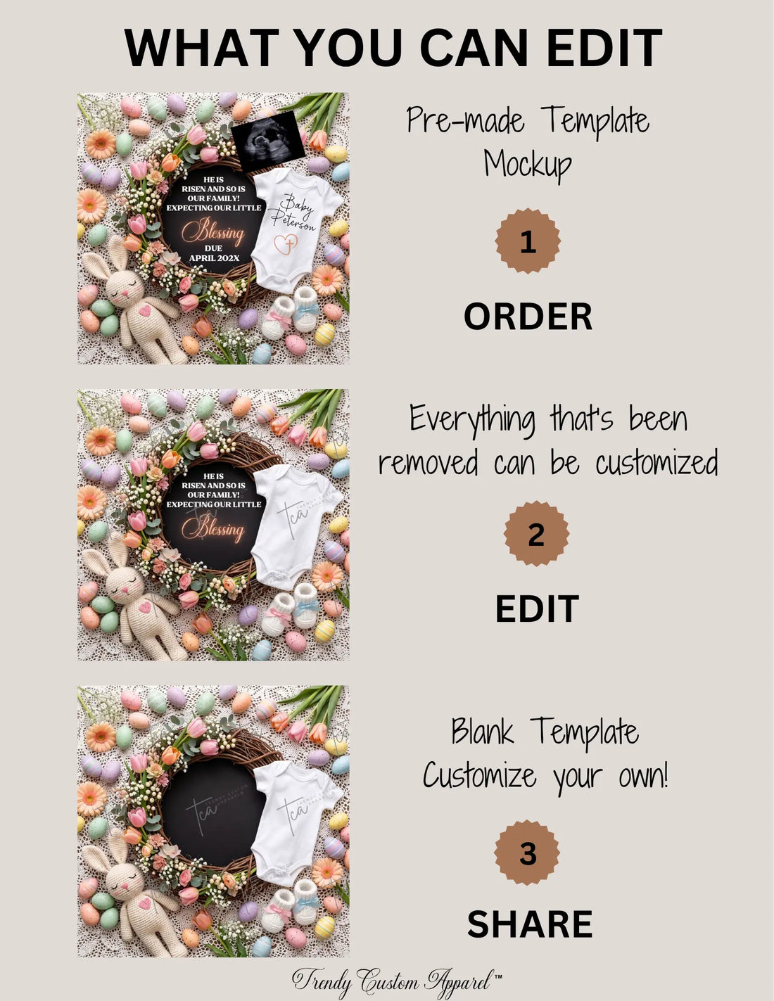 Easter Christian Pregnancy Announcement, He Is Risen And So Is Our Family, Spring Baby Reveal, Personalized Editable Canva Template TrendyCustomApparel™