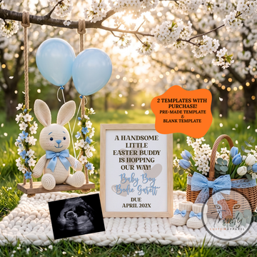 Easter Buddy Is Hopping Our Way Baby Boy Pregnancy Announcement | Digital Canva Template | Blue Spring Baby Reveal | Instant Download