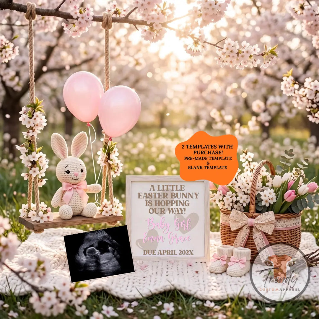 A Little Easter Bunny Is Hopping Our Way Baby Girl Pregnancy Announcement | Digital Canva Template | Pink Spring Baby Reveal | Instant Download TrendyCustomApparel™