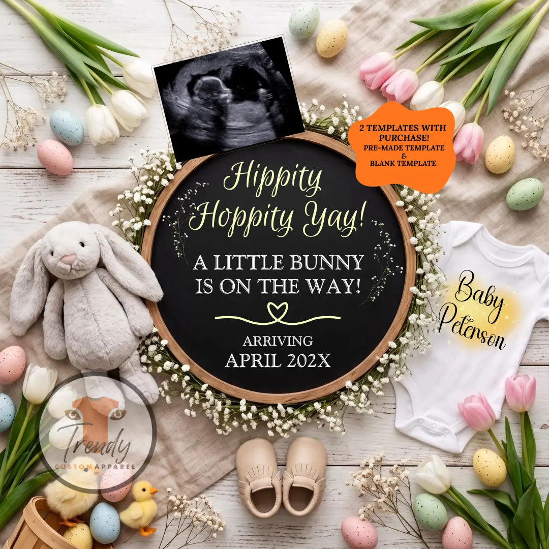 Digital Easter Pregnancy Announcement, A Little Bunny Is On The Way, Customizable Spring Themed, Editable Details Template TrendyCustomApparel™