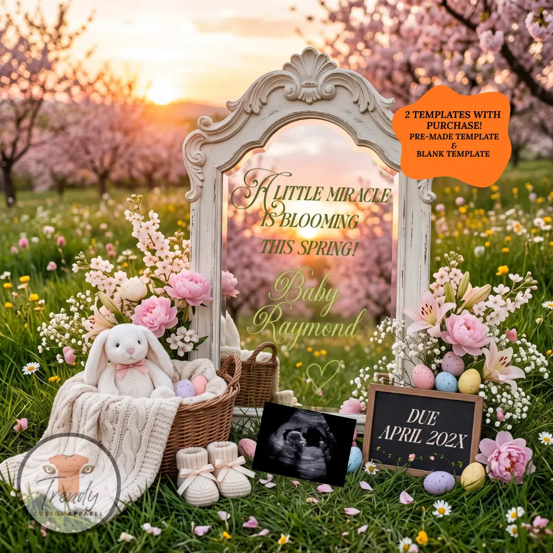 A Little Miracle Is Blooming This Spring Pregnancy Announcement | Digital Canva Template | Gender Neutral Floral Mirror | Instant Download TrendyCustomApparel™