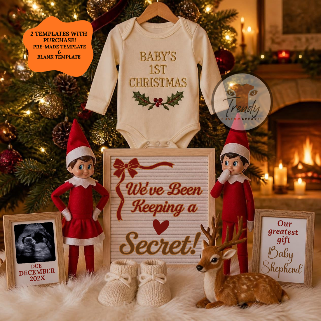 Christmas Elf Pregnancy Announcement Template | Keeping a Secret | Editable Canva Download TrendyCustomApparel™