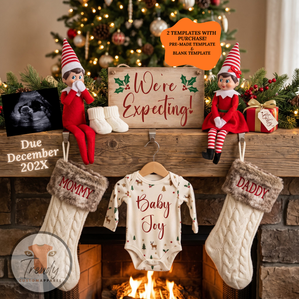 Christmas Elf Pregnancy Announcement Template | We’re Expecting | Editable Canva Download TrendyCustomApparel™