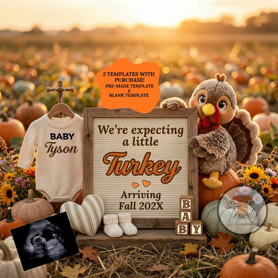 Expecting A Little Turkey, Fall Turkey Digital Pregnancy Announcement, Boho Themed, Instant Download Template TrendyCustomApparel™