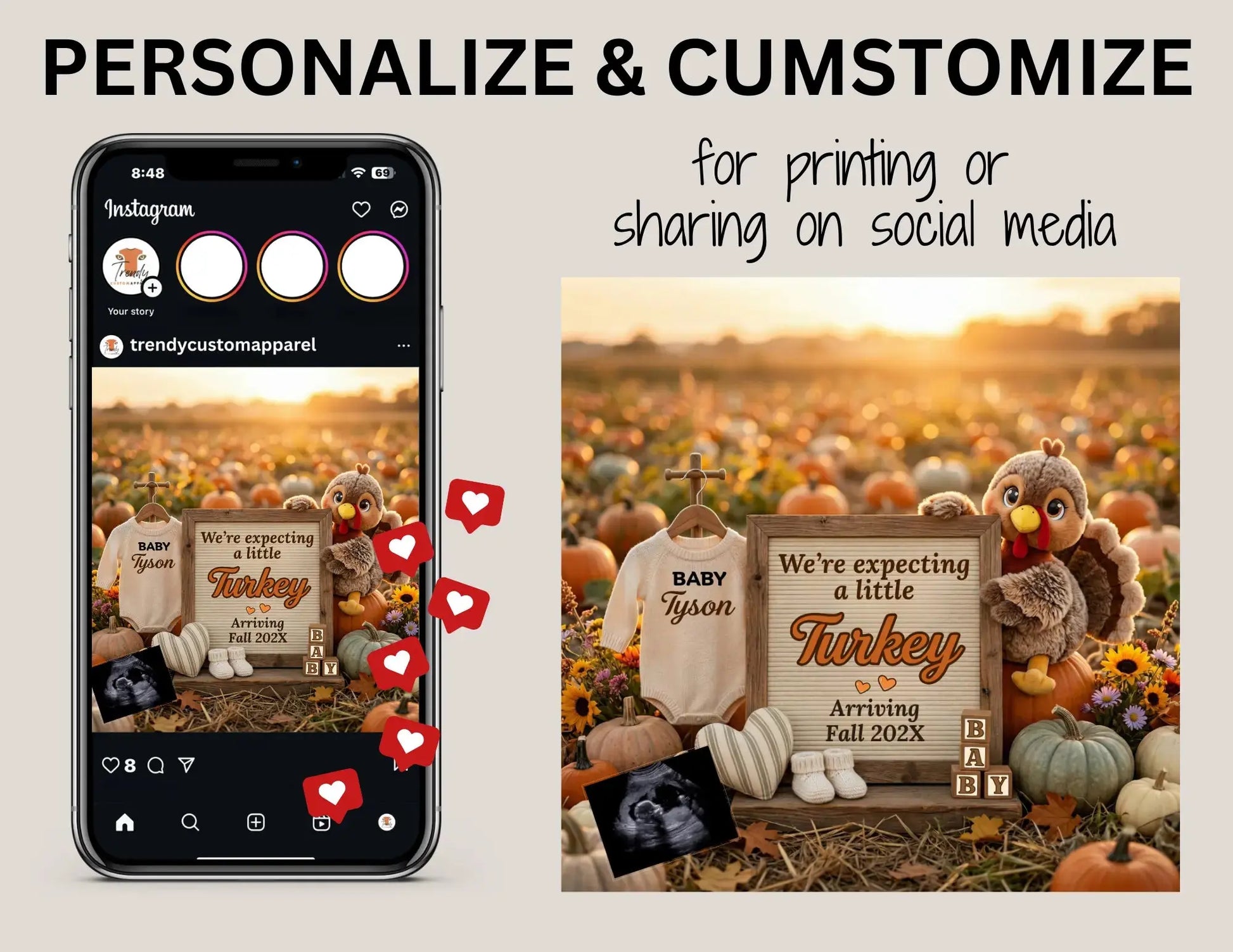 Expecting A Little Turkey, Fall Turkey Digital Pregnancy Announcement, Boho Themed, Instant Download Template TrendyCustomApparel™