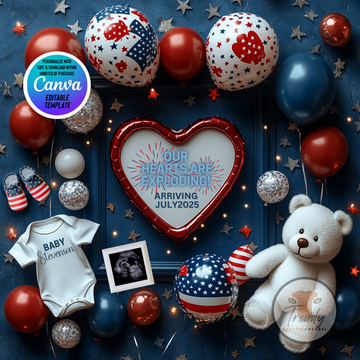 Digital Summer Pregnancy Announcement, Our Hearts Are Exploding, Customizable July 4th Themed, Personalized Editable Template