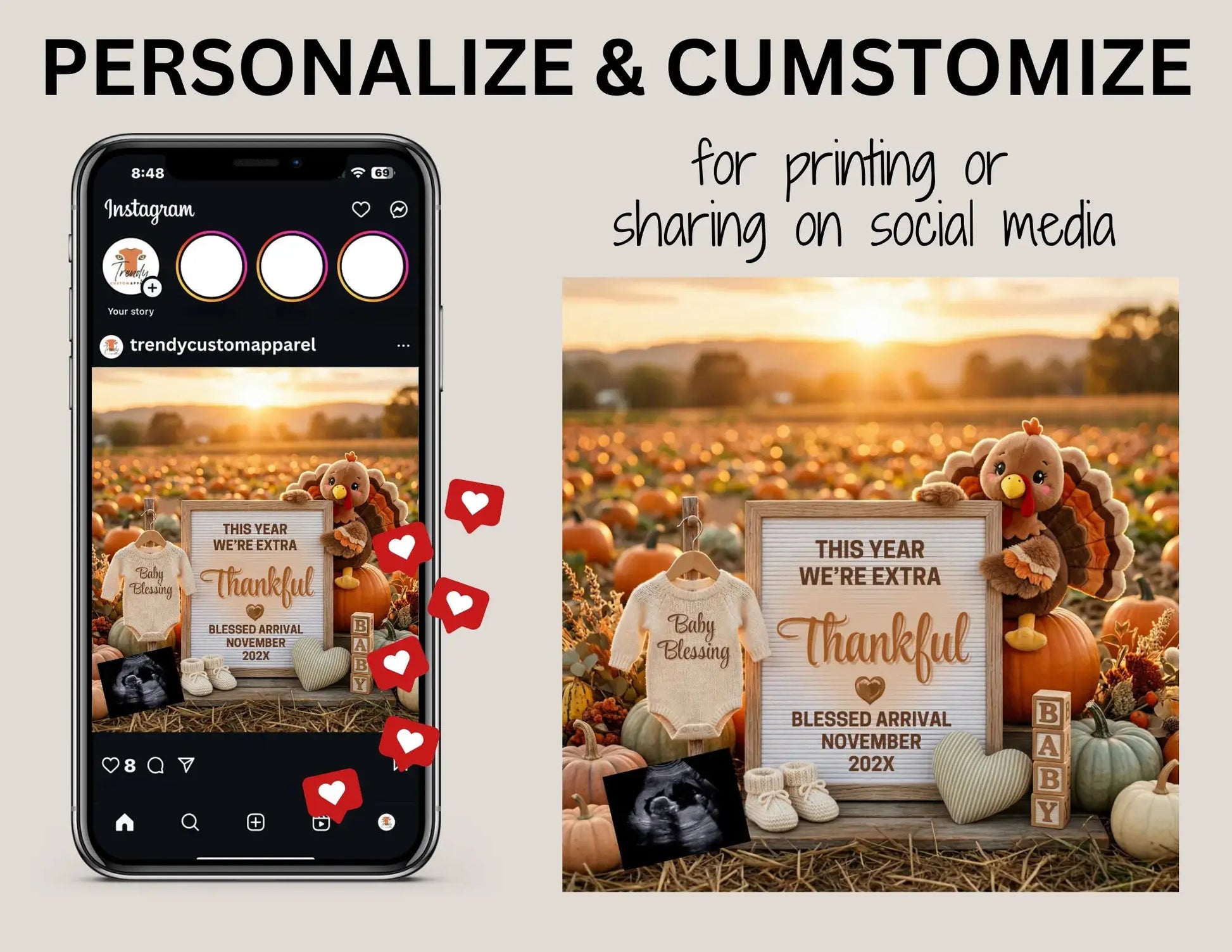 This Year We’re Extra Thankful Pregnancy Reveal, Fall Thankful Digital Pregnancy Announcement, Autumn Themed Template TrendyCustomApparel™