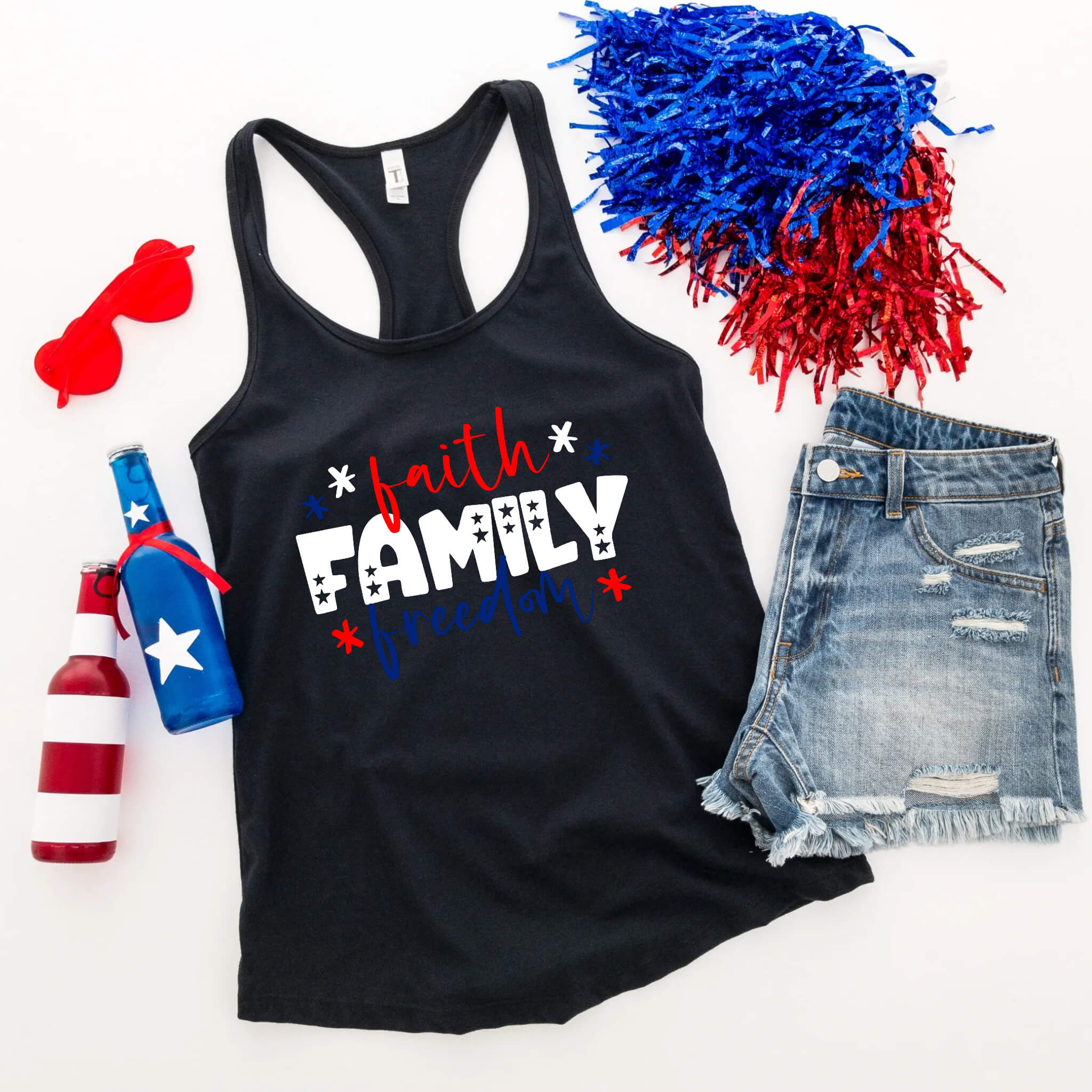 Camiseta del 4 de julio, Faith Family &amp; Freedom, tanque azul blanco rojo, camiseta patriótica, camiseta sin mangas para mujer, damas, ropa personalizada, camiseta del Día de la Independencia, tanque del Día de los Caídos