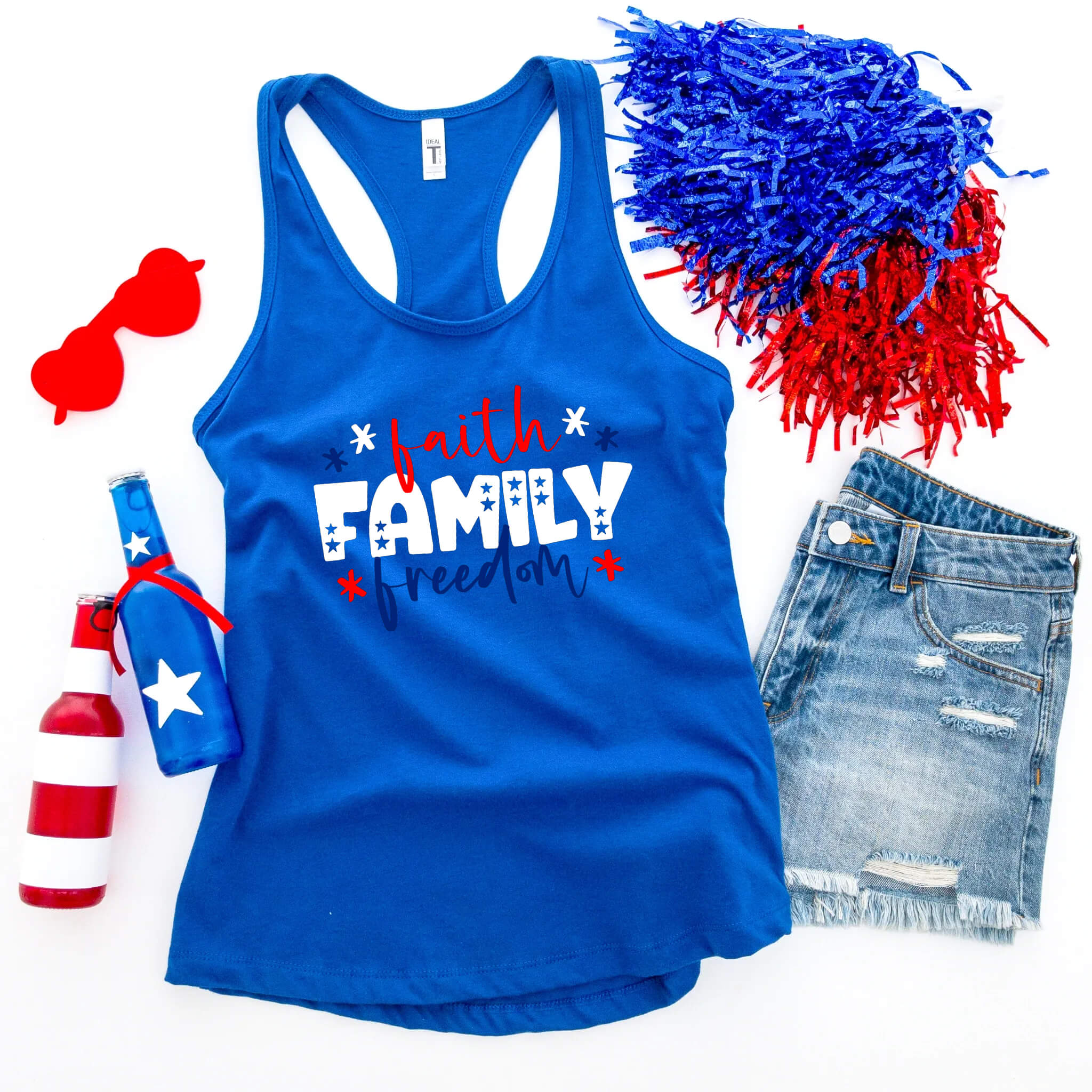 Camiseta del 4 de julio, Faith Family &amp; Freedom, tanque azul blanco rojo, camiseta patriótica, camiseta sin mangas para mujer, damas, ropa personalizada, camiseta del Día de la Independencia, tanque del Día de los Caídos