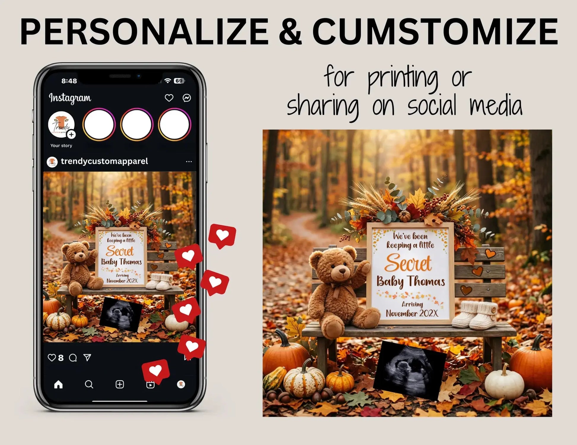 We've Been Keeping a Secret, Fall Secret Digital Pregnancy Announcement, Customizable Fall Little Pumpkin Themed, Instant Editable Template TrendyCustomApparel™