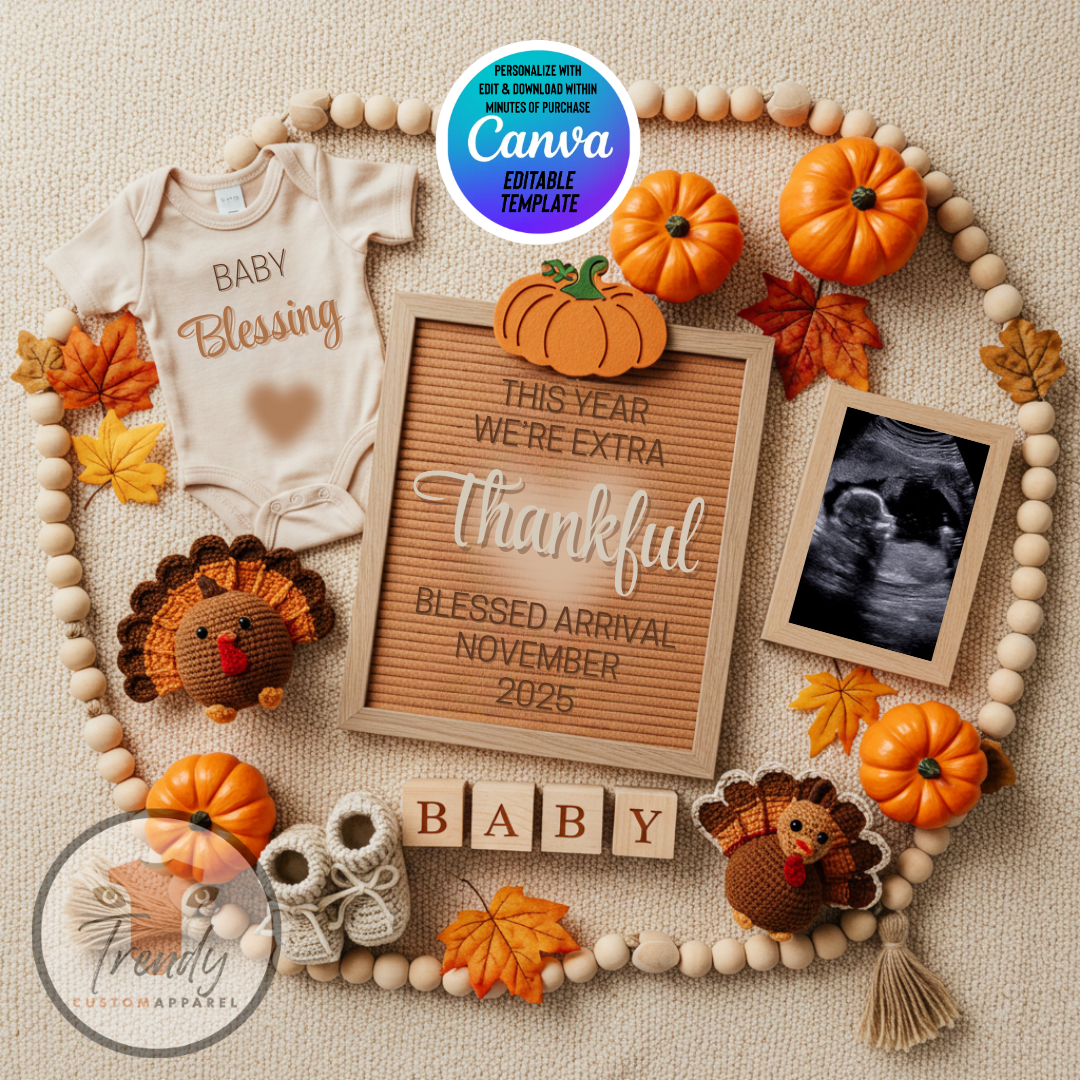 Digital Pregnancy Announcement, Thankful Pregnancy Reveal, Customizable Fall Themed, Personalized Editable Template