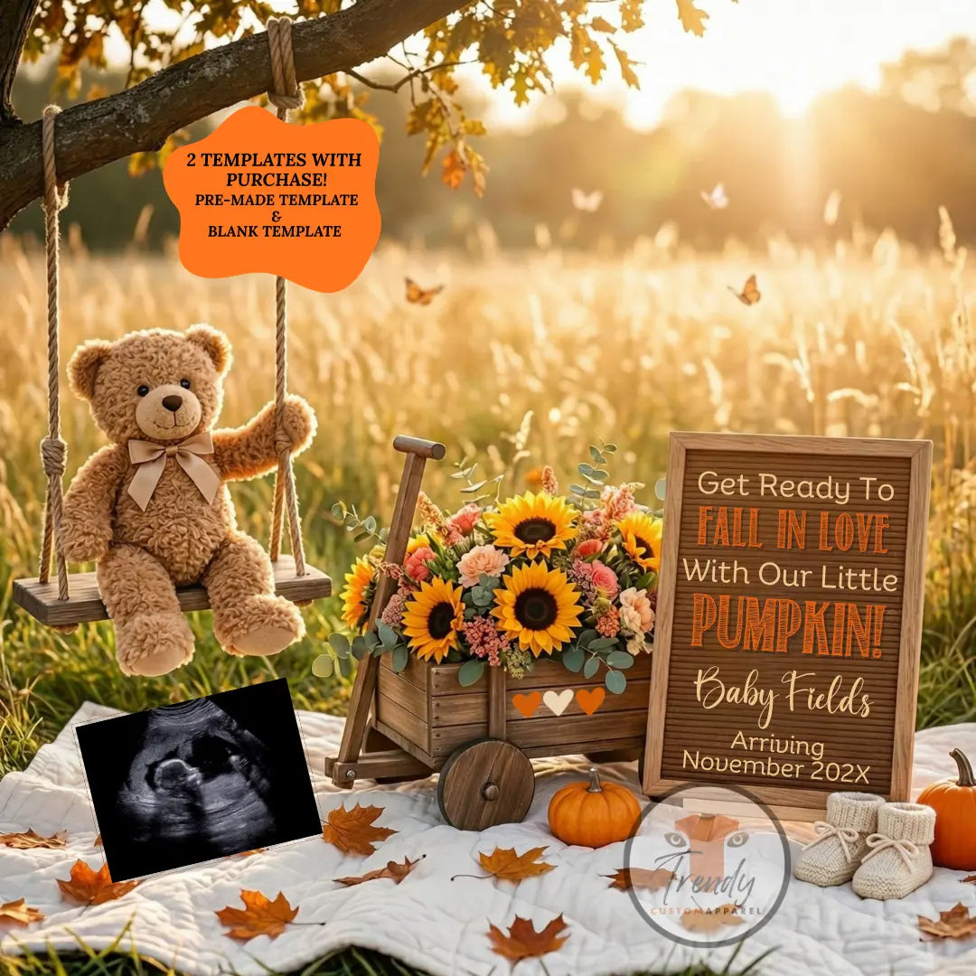 Get Ready to Fall in Love, Fall Pumpkin Digital Pregnancy Announcement, Customizable Instant Download Template TrendyCustomApparel™