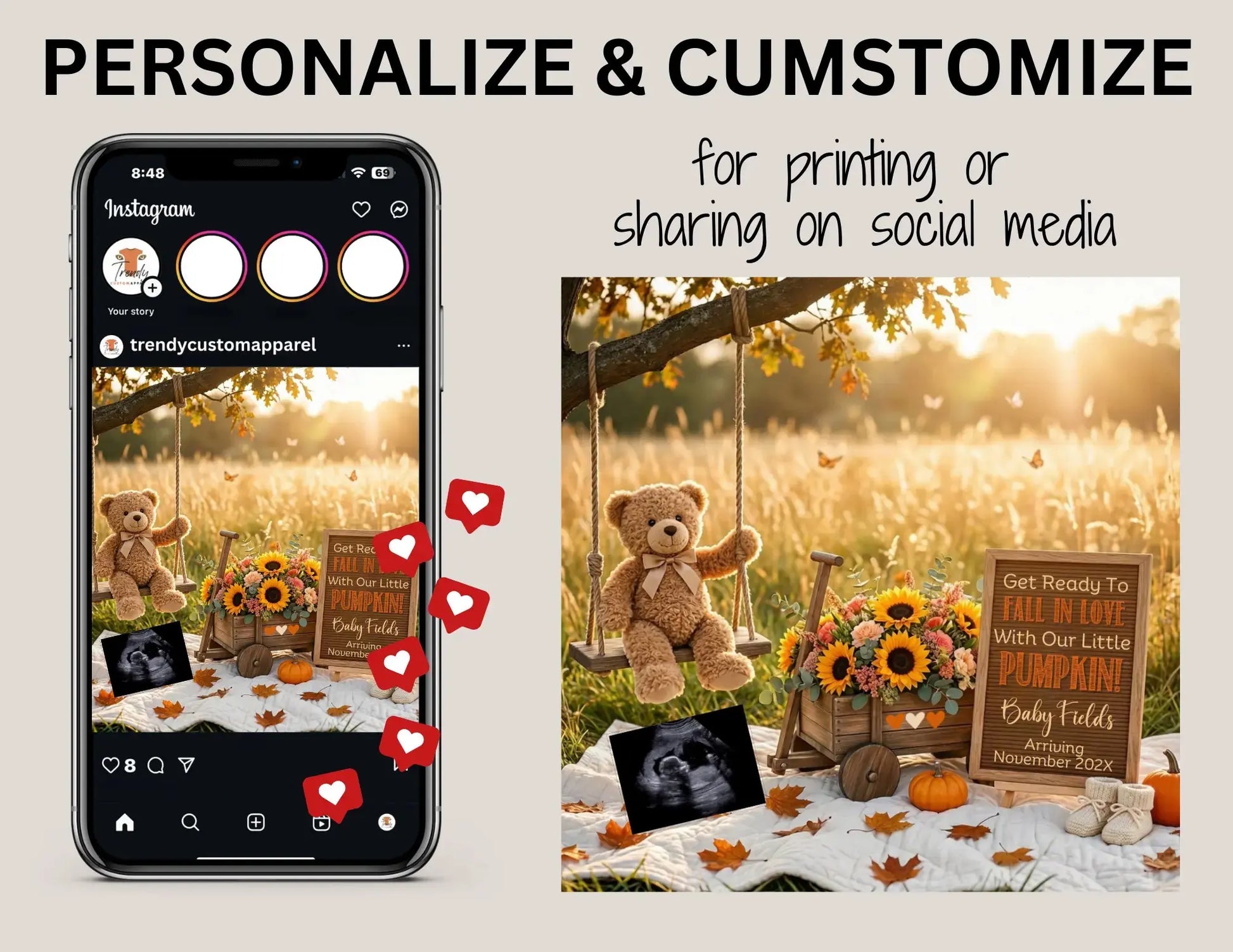 Get Ready to Fall in Love, Fall Pumpkin Digital Pregnancy Announcement, Customizable Instant Download Template TrendyCustomApparel™