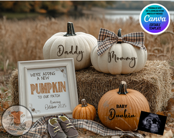 Digital Pregnancy Announcement, Adding A Pumpkin to Our Patch, Customizable Fall Themed, Personalized Editable Template