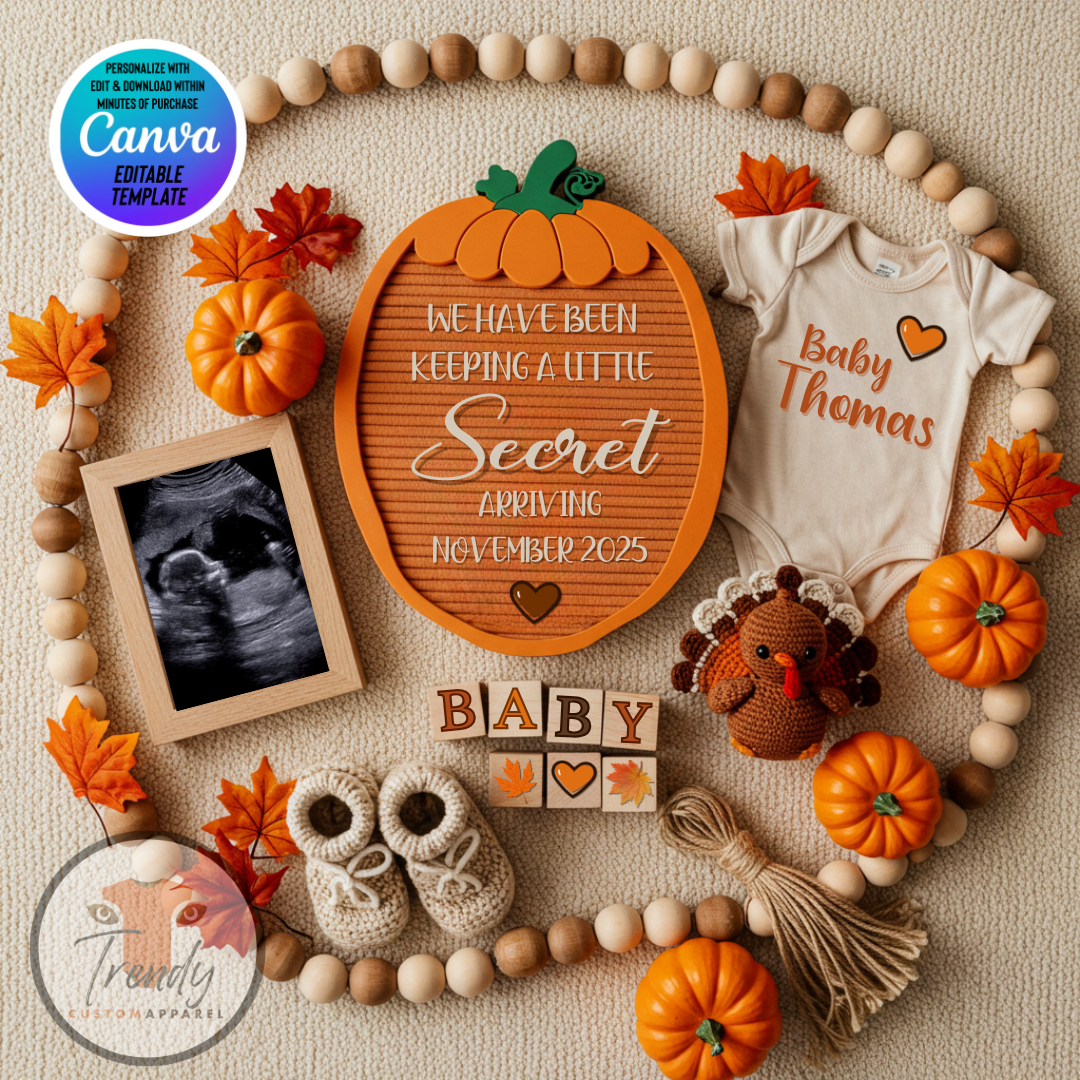 Digital Pregnancy Announcement, Secret Pregnancy Reveal, Customizable Fall Themed, Personalized Editable Template