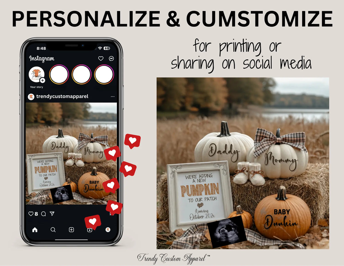 Adding a Pumpkin to Our Patch – Fall Pregnancy Announcement Template | Editable Canva Instant Download TrendyCustomApparel™