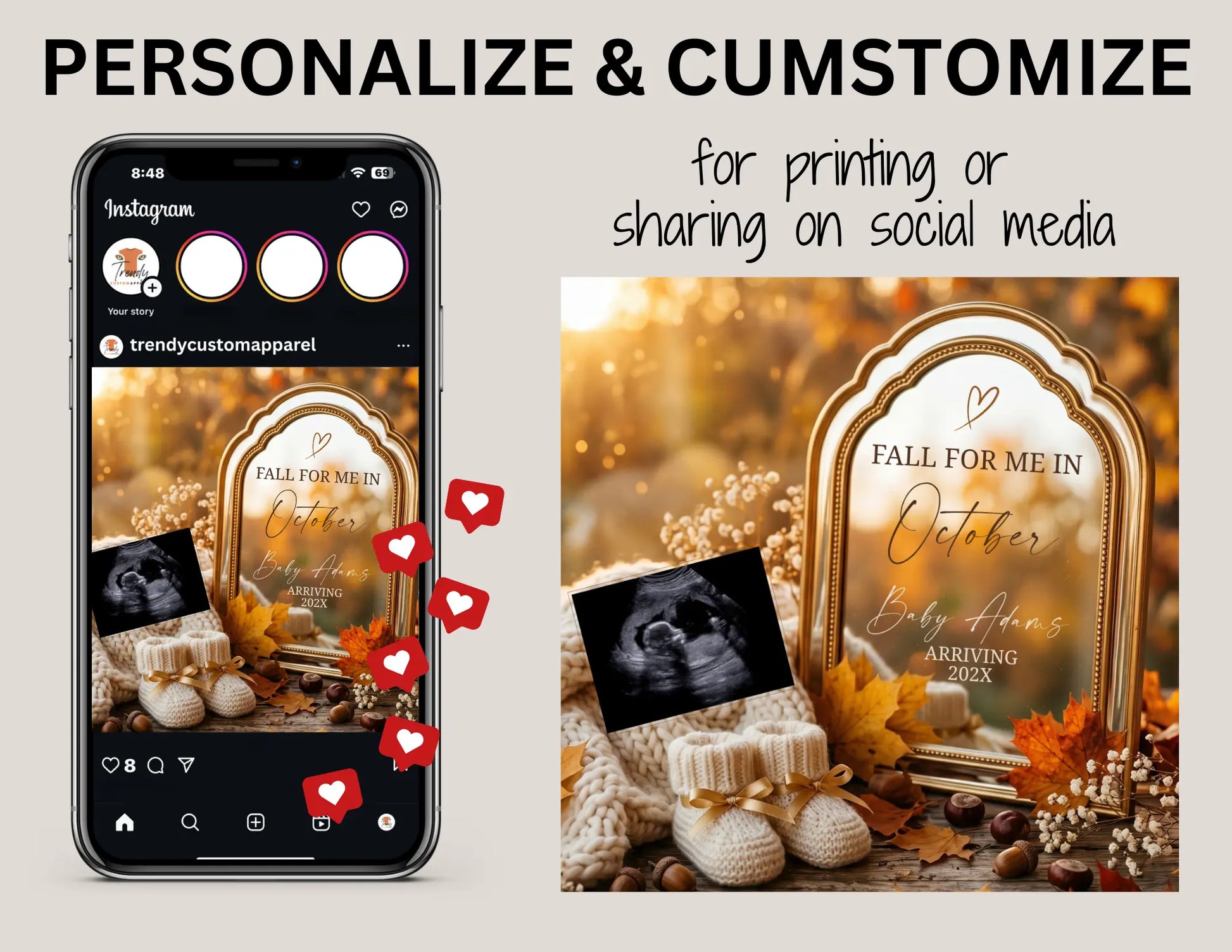 Pregnancy Announcement October Baby, Digital Gender Neutral Social Media Reveal, Editable Canva Template Instant Download, Boho Fall Due Date TrendyCustomApparel™