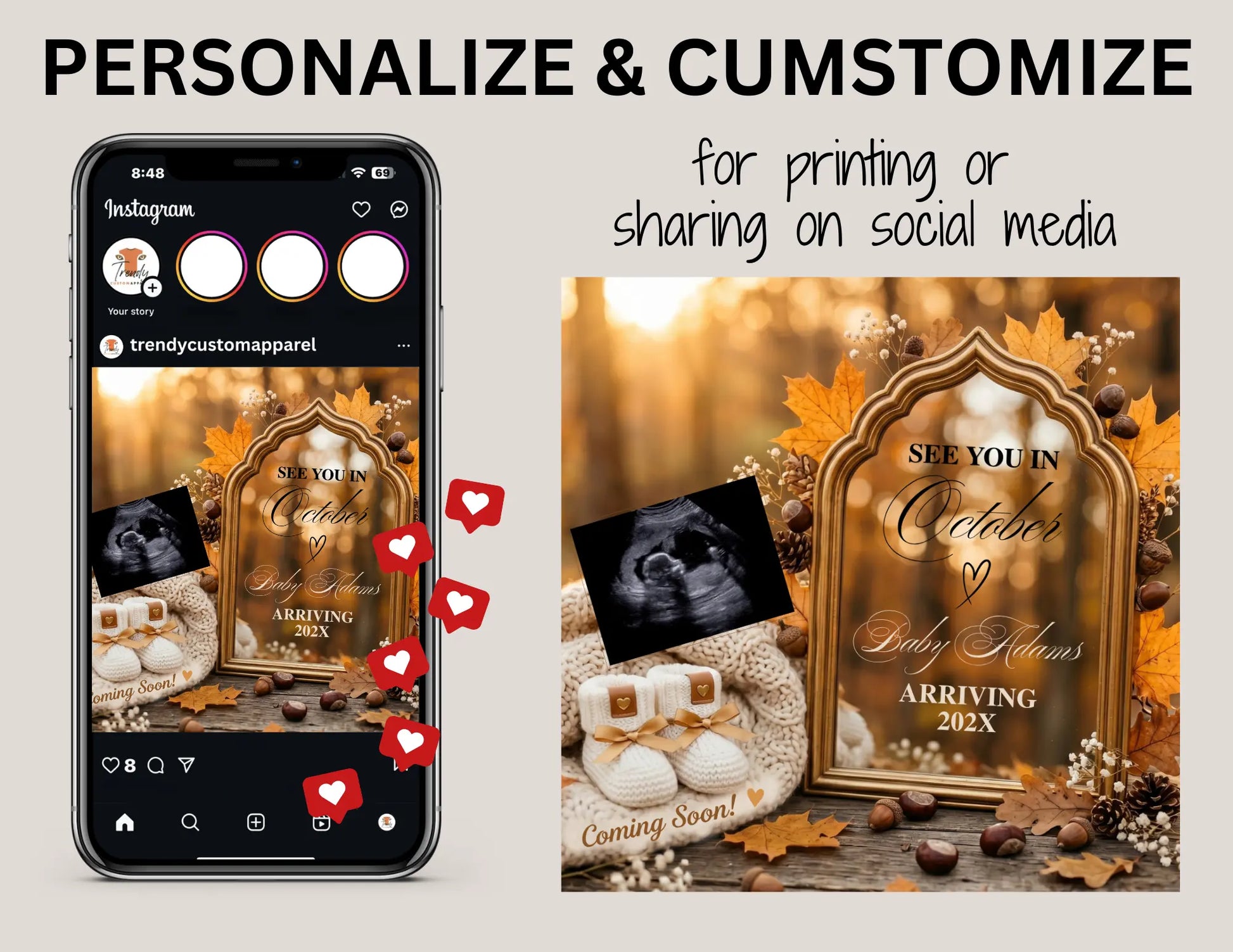 Pregnancy Announcement October Baby, Digital Gender Neutral Social Media Reveal, Boho Fall Due Date, Editable Canva Template Instant Download TrendyCustomApparel™
