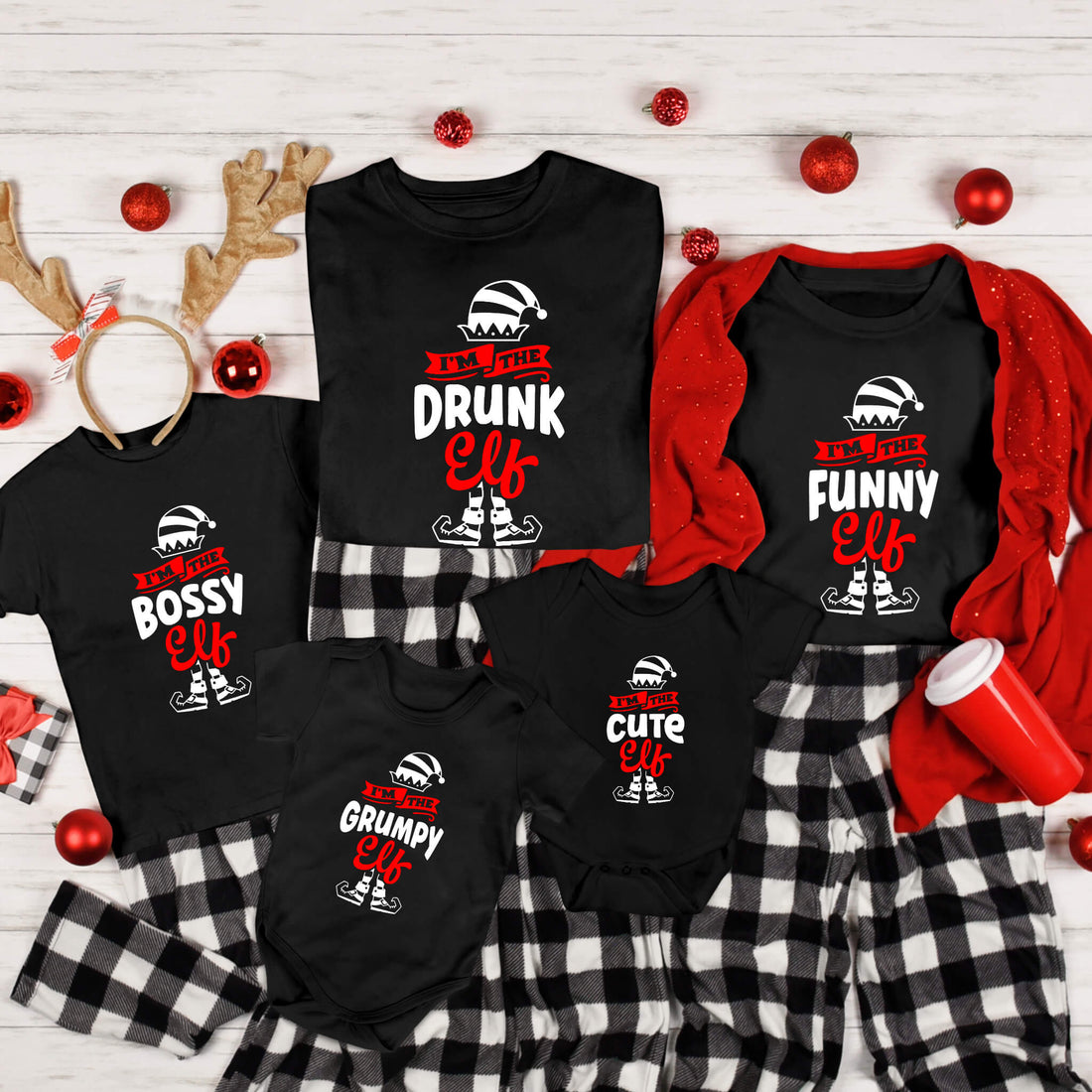 Camisas personalizadas a juego de la familia de elfos divertidos de Navidad