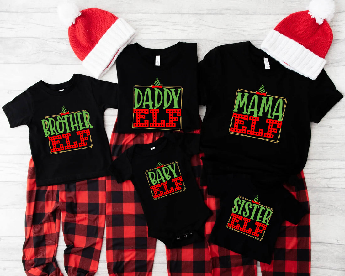 Camisetas con estampado gráfico a juego personalizadas de la familia de elfos navideños