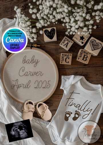 Digital Pregnancy Announcement, Finally!, Gender Neutral, Customizable Hand Embroidered Themed, Personalized Editable Template