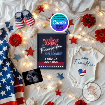 Digital Unisex Pregnancy Announcement, Firecracker on Board, Customizable Independence Day Themed, Personalized Editable Template