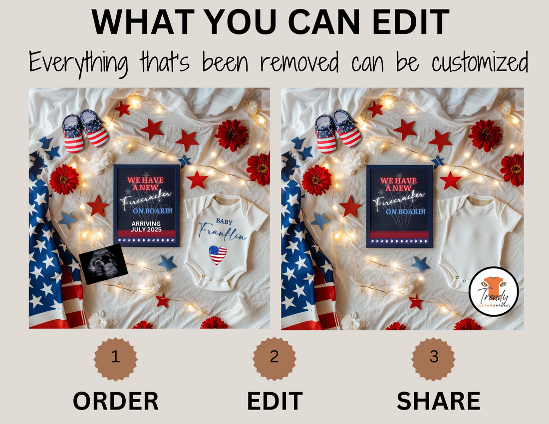 Digital Unisex Pregnancy Announcement, Firecracker on Board, Customizable Independence Day Themed, Personalized Editable Template