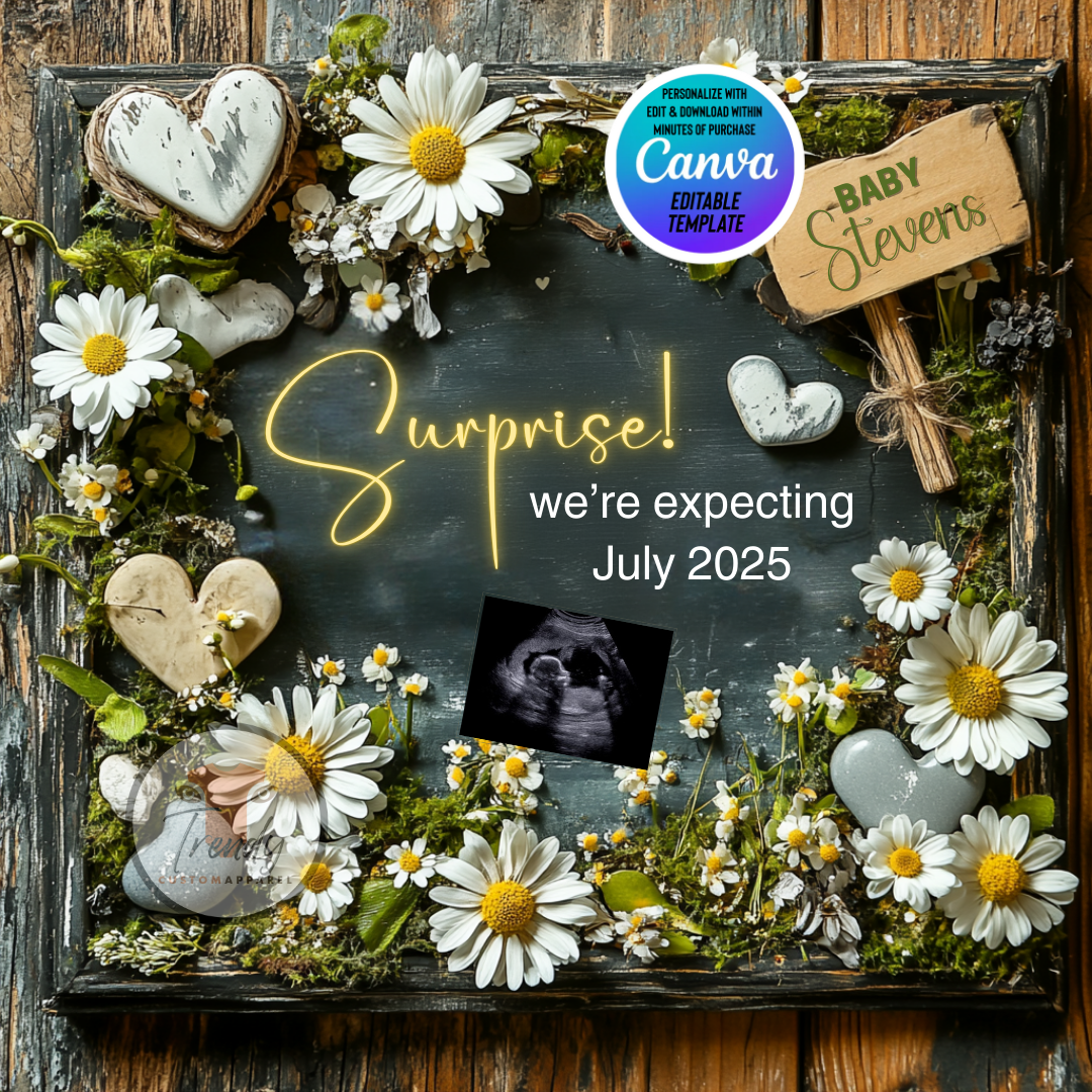 Digital Pregnancy Announcement, Surprise We're Expecting, Customizable Garden Themed, Personalized Editable Template