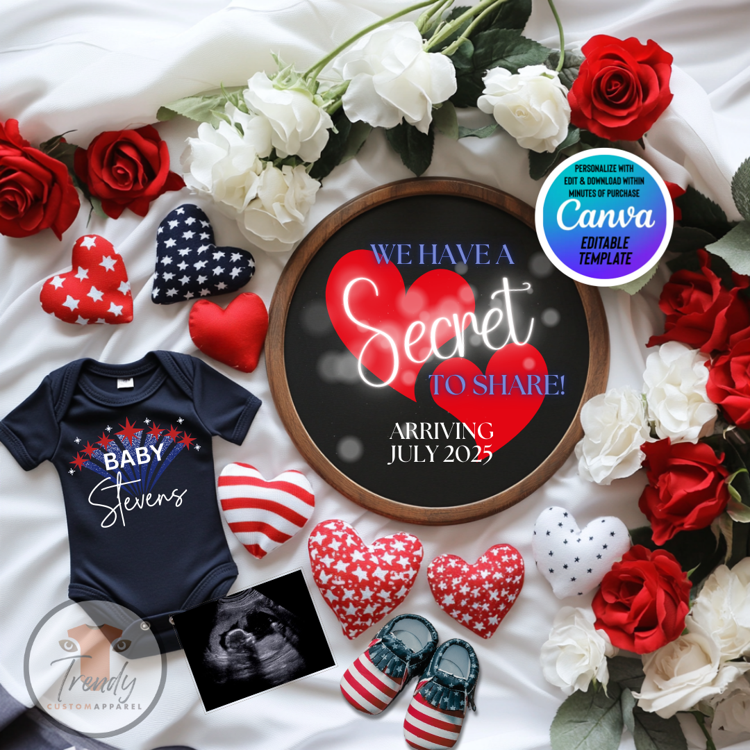 Digital Red, White & Blue Pregnancy Announcement, We Have a Secret To Share, Customizable Independence Day Themed, Personalized Editable Template